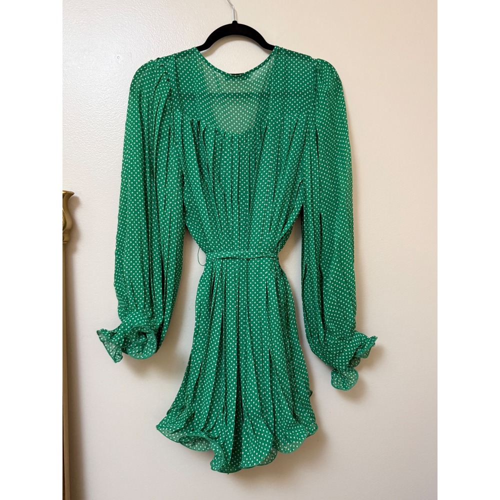 Endless Rose Green Polka Dot Pleated Long Sleeve Wide Leg Romper with Tie Waist - Picture 13 of 16